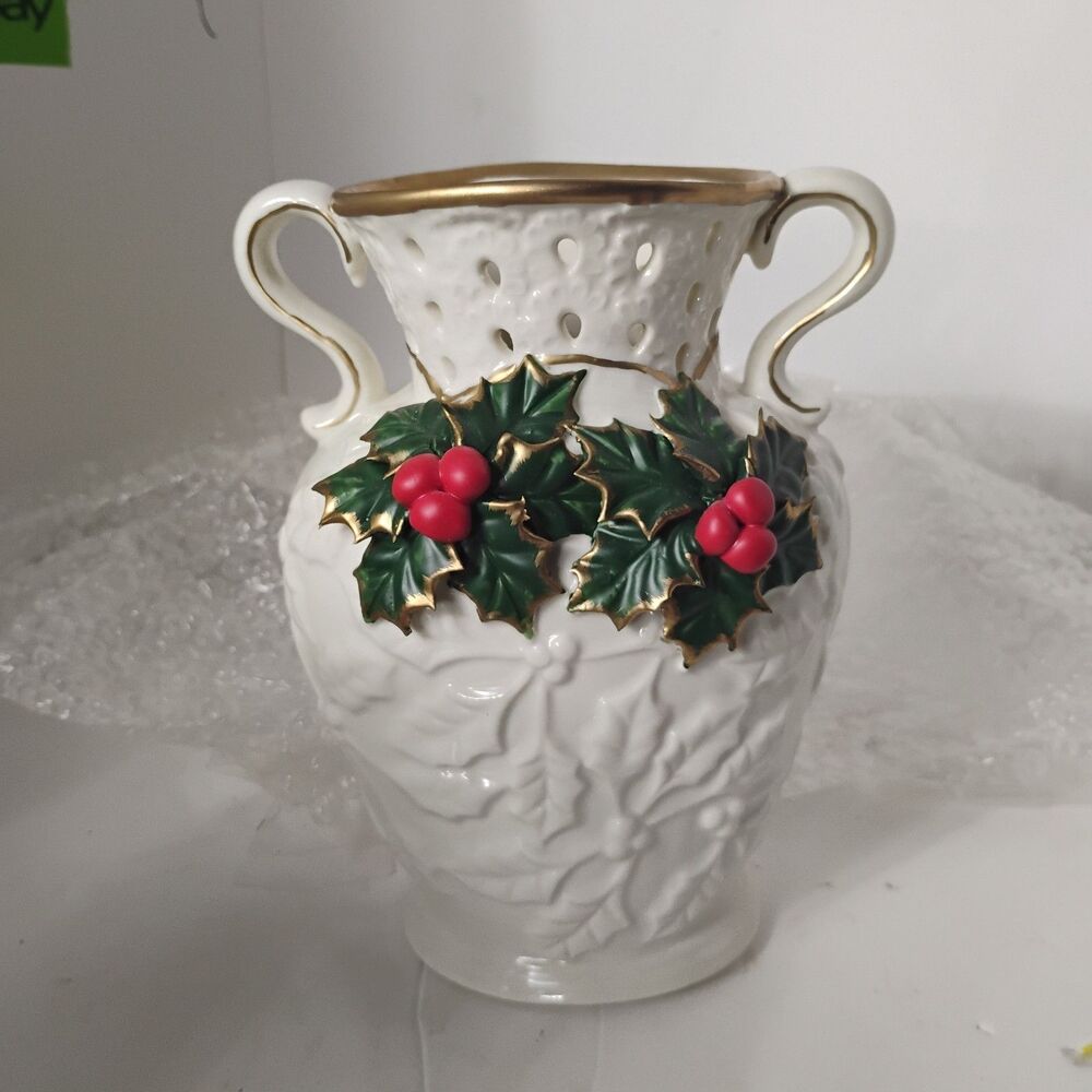 Vintage Holly 2 Handled Pitcher Vase for Christmas Decor Diamond Collection